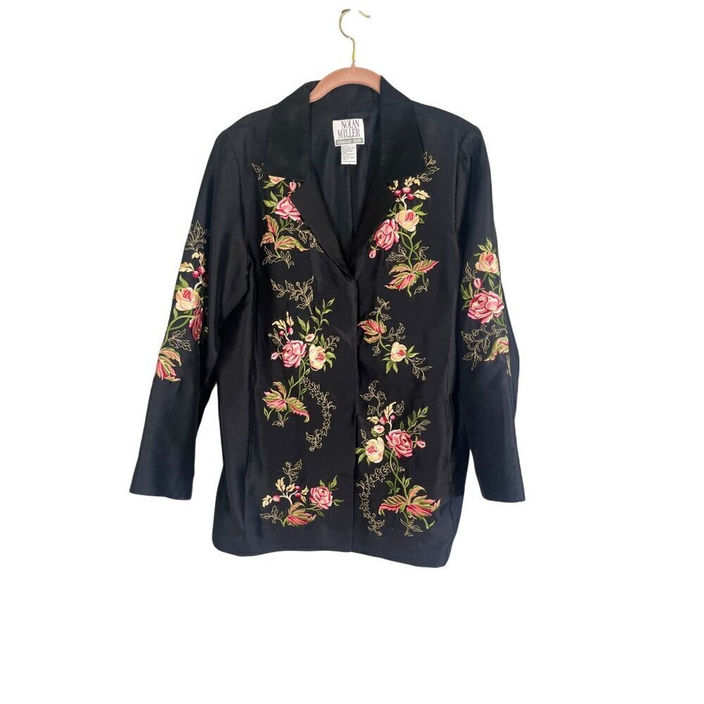 Nolan Miller Silk Floral Jacket M Black Boho Western Granny Vtg 80s Chic Artsy
